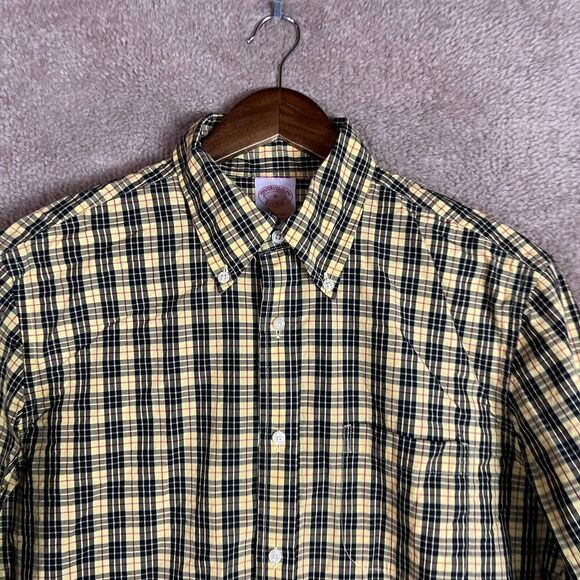 Brooks Brothers Shirt Mens Medium M Yellow/Navy Plaid Button‎ Down Cotton Casual - Picture 2 of 9